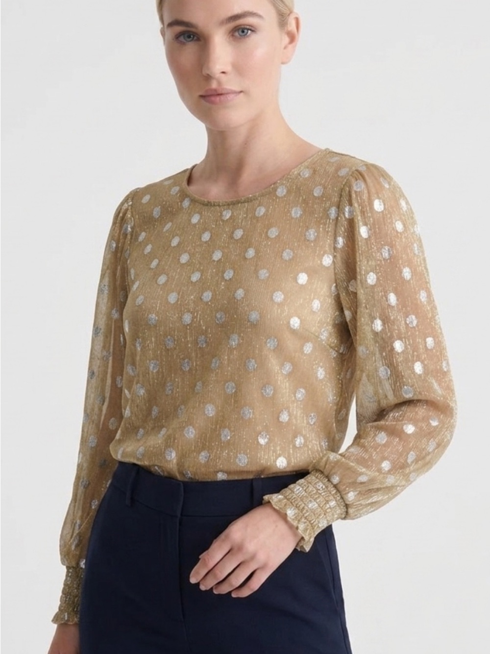 Adrianna Papell Gold Metallic Dot Long-Sleeve Blouse